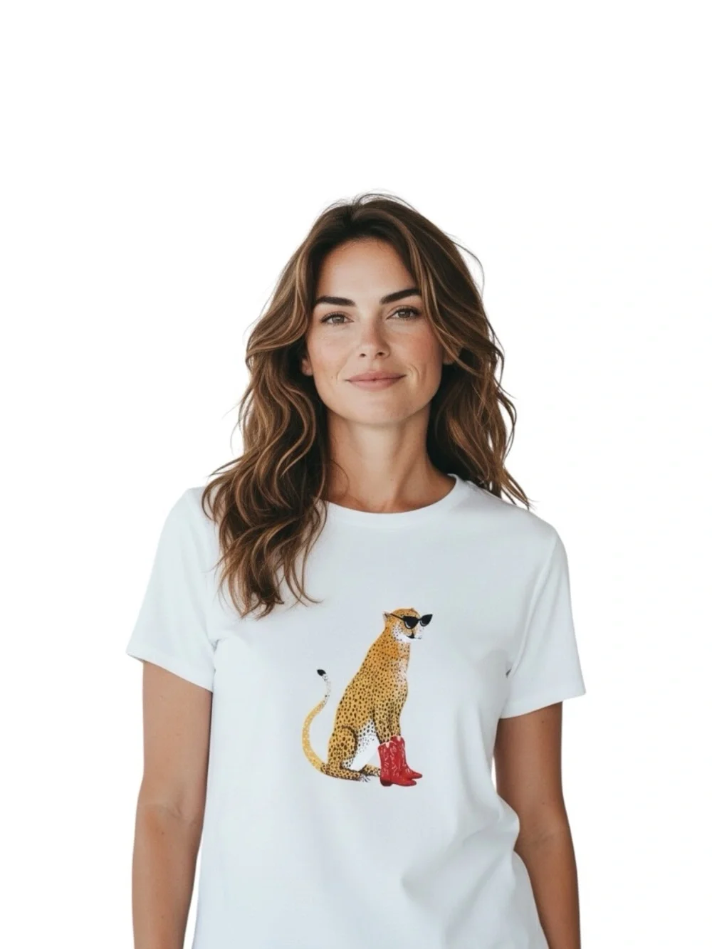 Women’s White Cat Graphic Tee with Red Boots & Sunnies
